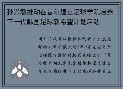 孙兴慜推动在首尔建立足球学院培养下一代韩国足球新希望计划启动