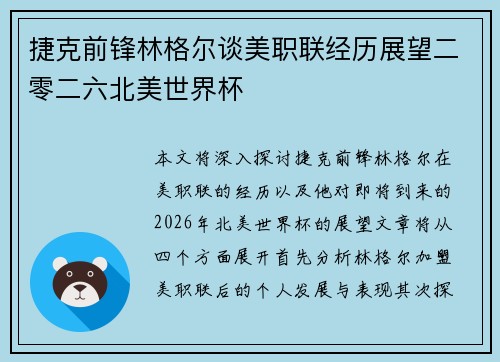 捷克前锋林格尔谈美职联经历展望二零二六北美世界杯